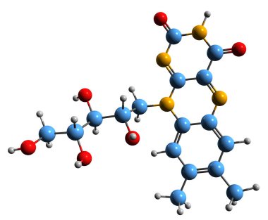 Riboflavin iskelet formülünün 3 boyutlu görüntüsü - beyaz zemin üzerinde izole edilmiş B2 vitamininin moleküler kimyasal yapısı