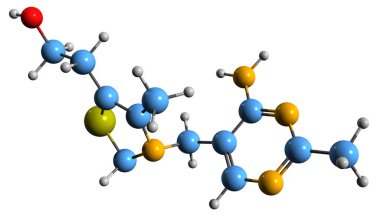  Thiamine iskelet formülünün 3 boyutlu görüntüsü - beyaz zemin üzerinde izole edilmiş B1 vitamininin moleküler kimyasal yapısı