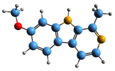  Harmine iskelet formülünün 3 boyutlu görüntüsü - beyaz arkaplanda izole edilmiş beta-karbolinin moleküler kimyasal yapısı