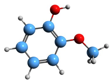  Guaiacol iskelet formülünün 3 boyutlu resmi - 2-Methoxyphenol 'ün moleküler kimyasal yapısı beyaz arkaplanda izole edildi