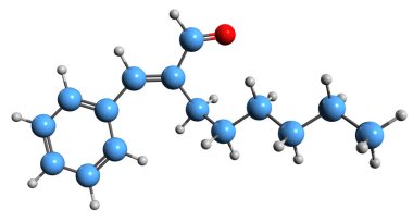  Hexyl tarçın iskelet formülünün 3 boyutlu görüntüsü - aroma maddesinin moleküler kimyasal yapısı Hexyl cinnamal beyaz arkaplanda izole edilmiş