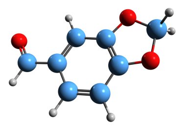 Piperonal iskelet formülünün 3 boyutlu görüntüsü - beyaz arkaplanda izole edilmiş helotropin moleküler kimyasal yapısı