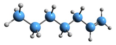  Heptene iskelet formülünün 3 boyutlu görüntüsü - beyaz zemin üzerinde izole edilmiş yüksek olefin heptilenin moleküler kimyasal yapısı