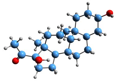 Hidroksililogebelik iskelet formülünün 3 boyutlu görüntüsü - beyaz arkaplanda doğal olarak oluşan nörosteroidin moleküler kimyasal yapısı