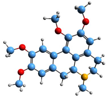  Glaucine iskelet formülünün 3 boyutlu görüntüsü - beyaz arkaplanda izole edilmiş aporfin alkaloidin moleküler kimyasal yapısı