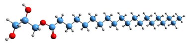  Dihydroxypropyl octadecanoate 'in moleküler kimyasal yapısı beyaz arka planda izole edilmiş.