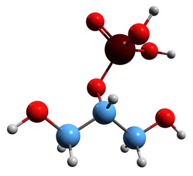  Gliserol 2-fosfat iskelet formülünün 3 boyutlu görüntüsü - beyaz arka planda izole edilmiş gliserol fosfat esterinin moleküler kimyasal yapısı