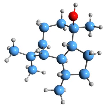  Küresel iskelet formülünün 3 boyutlu görüntüsü - beyaz arkaplanda izole edilmiş Hidroksiyaromadendrane 'in moleküler kimyasal yapısı