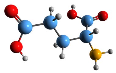  Glutamik asit iskelet formülünün 3 boyutlu görüntüsü - beyaz arkaplanda izole edilmiş 2-Aminopentanedioik asitin moleküler kimyasal yapısı