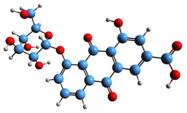  Glucorein iskelet formülünün 3 boyutlu görüntüsü - beyaz arkaplanda izole edilmiş robarb fotokimyasalın moleküler kimyasal yapısı