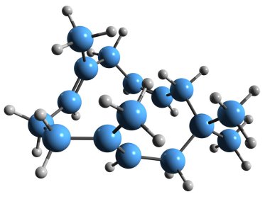 Humulen iskelet formülünün 3 boyutlu görüntüsü - beyaz arkaplanda izole edilmiş monoksik sesquiterpene a-caryophyllene 'in moleküler kimyasal yapısı
