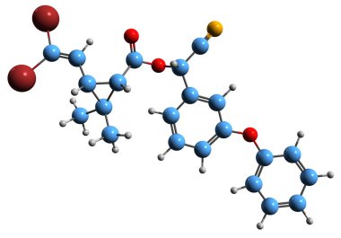 Deltamethrin iskelet formülünün 3 boyutlu resmi - beyaz arkaplanda izole edilmiş piretroid ester böcek ilacının moleküler kimyasal yapısı
