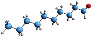 Decanal iskelet formülünün 3 boyutlu resmi - beyaz arkaplanda izole edilmiş caprinaldehit moleküler kimyasal yapısı