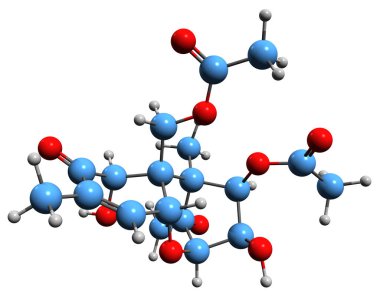 Diasetilnivalenol iskelet formülünün 3 boyutlu görüntüsü - mikotoksin Nivalenol diasetatının moleküler kimyasal yapısı beyaz arka planda izole edildi