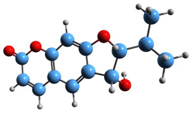  Dihidro oreoselone iskelet formülünün 3 boyutlu görüntüsü - beyaz arkaplanda izole edilmiş kumarinin moleküler kimyasal yapısı