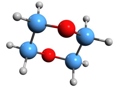 Dioxane iskelet formülünün 3 boyutlu görüntüsü - beyaz arkaplanda izole edilmiş Dietilen dioksitin moleküler kimyasal yapısı