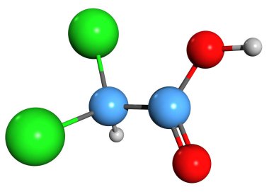  Dichloroacetic asit iskelet formülünün 3 boyutlu görüntüsü - beyaz arka planda izole edilmiş Dichlorothanoic asidin moleküler kimyasal yapısı