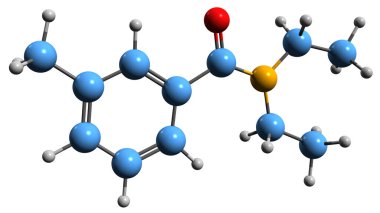 Dietil-3-metilbenzamit iskelet formülünün 3 boyutlu görüntüsü - beyaz arkaplanda izole edilmiş böcek savar DEET 'in moleküler kimyasal yapısı