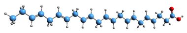 Docosahexaenoic asit iskelet formülünün 3 boyutlu görüntüsü - beyaz arkaplanda izole edilmiş omega-3 yağ servonik asidin moleküler kimyasal yapısı