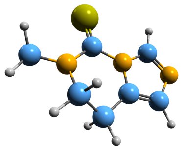  Zolotidin iskelet formülünün 3 boyutlu görüntüsü - beyaz arkaplanda izole edilmiş filtokimyasal alkaloidin moleküler kimyasal yapısı