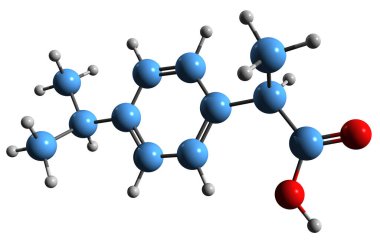  Ibuprofen iskelet formülünün 3 boyutlu görüntüsü - beyaz arka planda izole edilmiş steroidal olmayan anti-inflamatuar ilacın moleküler kimyasal yapısı