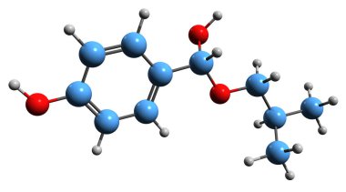  İzobütilparaben iskelet formülünün 3B resmi - Kozmetik bileşeninin moleküler kimyasal yapısı beyaz arkaplanda izole edildi