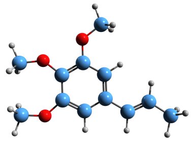 İzoelemycin iskelet formülünün 3 boyutlu görüntüsü - beyaz arkaplanda izole edilmiş Nutmeg yağının moleküler kimyasal yapısı