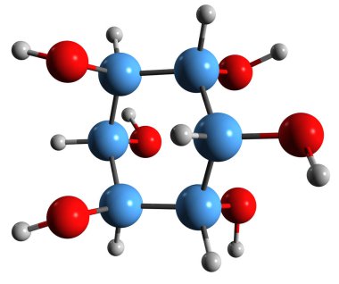   Inositol iskelet formülünün 3 boyutlu görüntüsü - beyaz arkaplanda izole edilmiş karbosiklik şeker vitamini B8 'in moleküler kimyasal yapısı