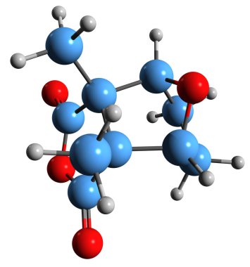 Cantharidin iskelet formülünün 3 boyutlu görüntüsü - afrodizyakların moleküler kimyasal yapısı beyaz arka planda izole edilmiş terpenoid kabarcıkları