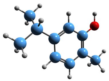  Carvacrol iskelet formülünün 3 boyutlu görüntüsü - beyaz arkaplanda izole edilmiş simofenolün moleküler kimyasal yapısı