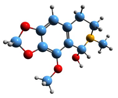  Cotarnine iskelet formülünün 3 boyutlu görüntüsü - beyaz zemin üzerinde izole edilmiş rahim ilacının moleküler kimyasal yapısı