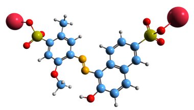  Allura Red AC iskelet formülünün 3 boyutlu görüntüsü - beyaz arkaplanda izole edilmiş Pigment 'in moleküler kimyasal yapısı