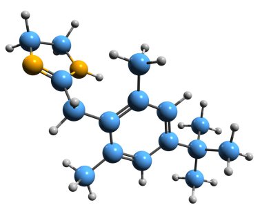 Xylometazoline iskelet formülünün 3 boyutlu görüntüsü - beyaz arka planda izole edilmiş burun tıkanıklığı ilaçlarının moleküler kimyasal yapısı