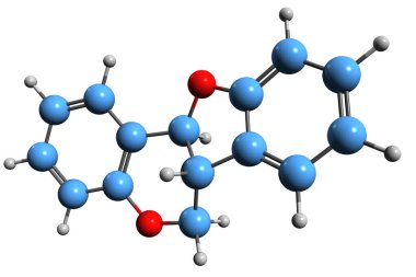  Pterocarpan iskelet formülünün 3 boyutlu görüntüsü - beyaz arkaplanda izole edilmiş kumarhanenin moleküler kimyasal yapısı