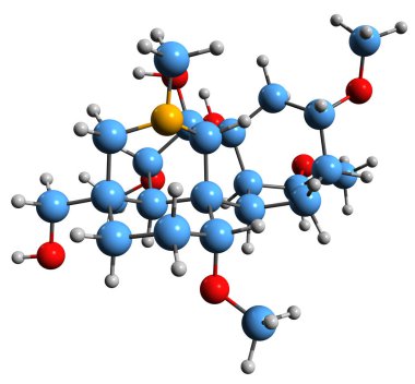  Lycoctonine iskelet formülünün 3 boyutlu görüntüsü - beyaz arkaplanda izole edilmiş bitki alkaloidinin moleküler kimyasal yapısı