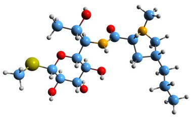  Linkomisin iskelet formülünün 3 boyutlu görüntüsü - beyaz arkaplanda izole edilmiş lincosamide antibiyotiğinin moleküler kimyasal yapısı