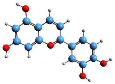  Luteolidin iskelet formülünün 3 boyutlu görüntüsü - beyaz arka planda izole edilmiş Anthocyanin pigmentinin moleküler kimyasal yapısı