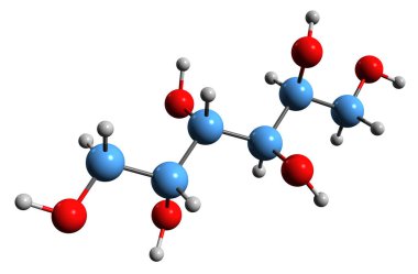  Mannitol iskelet formülünün 3 boyutlu görüntüsü - beyaz arkaplanda izole edilmiş tatlandırıcı manna şekerinin moleküler kimyasal yapısı