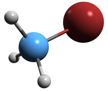  Bromometan iskelet formülünün 3 boyutlu görüntüsü - organobromin bileşiğinin moleküler kimyasal yapısı beyaz arkaplanda izole edilmiş metil bromit.