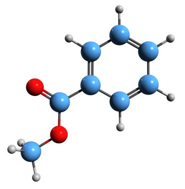 Metil benzoat iskelet formülünün 3 boyutlu görüntüsü - beyaz arkaplanda izole edilmiş Metil benzenecarboxylate 'ın moleküler kimyasal yapısı