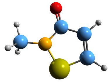  Methylisothiazolinone iskelet formülünün 3 boyutlu görüntüsü - beyaz arkaplanda 2-Methyl-4-izothiazolin-3-1 izole edilmiş moleküler kimyasal yapısı