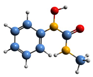  Meturin iskelet formülünün 3 boyutlu görüntüsü - 1-hidroksi-3-metil-1-fenilüre 'nin moleküler kimyasal yapısı beyaz arkaplanda izole edilmiş