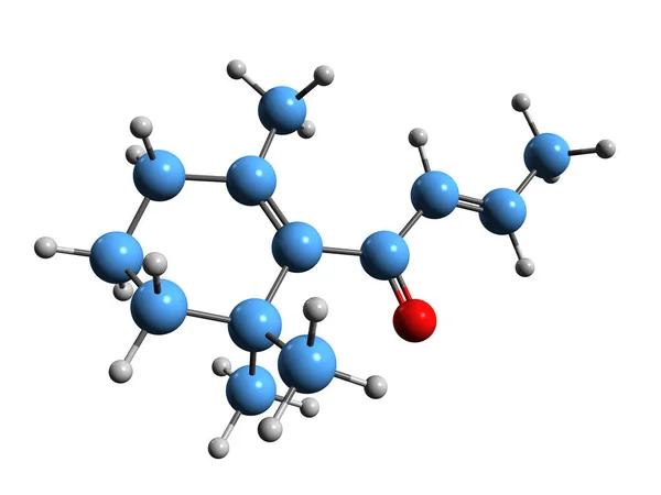 Damascone骨格式の3D画像 白い背景に単離されたエッセンシャルオイル化合物の分子化学構造 — ストック写真