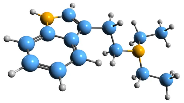 二乙基色胺骨架公式的三维图像 白底分离迷幻药物Det的分子结构 — 图库照片