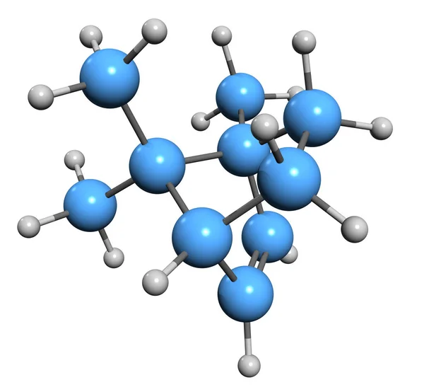 Camphene骨架公式的三维图像 白色背景下分离出的双环单丁烯的分子化学结构 — 图库照片