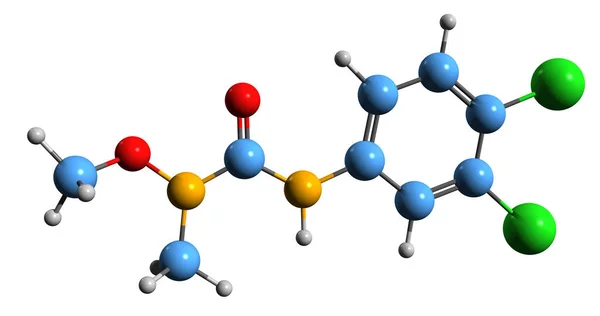 Linuron骨架公式的三维图像 白底分离苯并呋喃除草剂的分子化学结构 — 图库照片