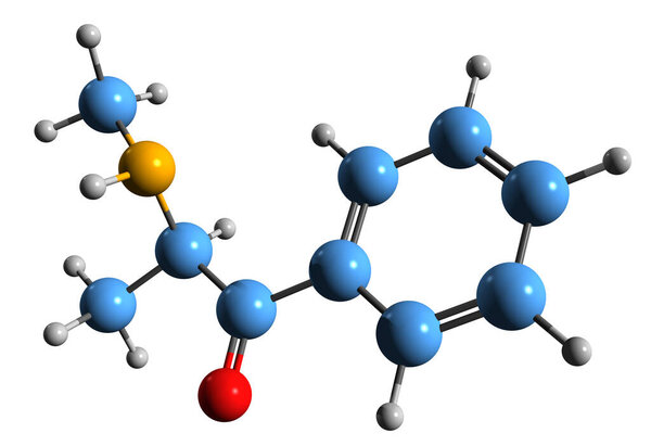  3D image of Methcathinone skeletal formula - molecular chemical structure of monoamine alkaloid ephedrone isolated on white background