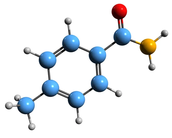 メチルベンザミド骨格式の3D画像 白背景に単離されたP トルアミドの分子化学構造 — ストック写真