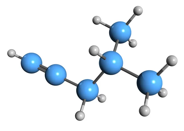甲基戊烷骨架公式的三维图像 白底分离的异丁基乙炔的分子化学结构 — 图库照片