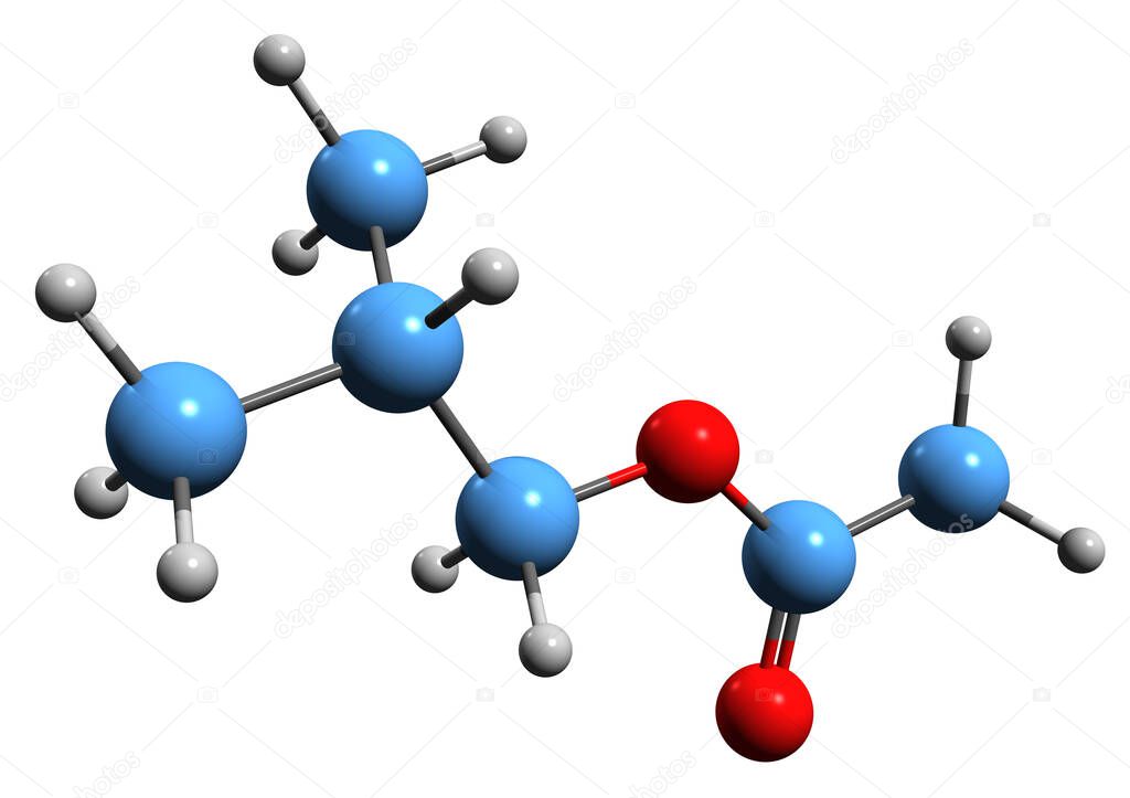 Imagen 3D de la fórmula esquelética del acetato de isobutilo estructura química molecular del